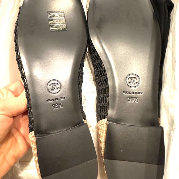 CHANEL 25P CC Raffia Crochet Woven Two Tone Cap Toe Ballerina Ballet Flats - Picture 14 of 15